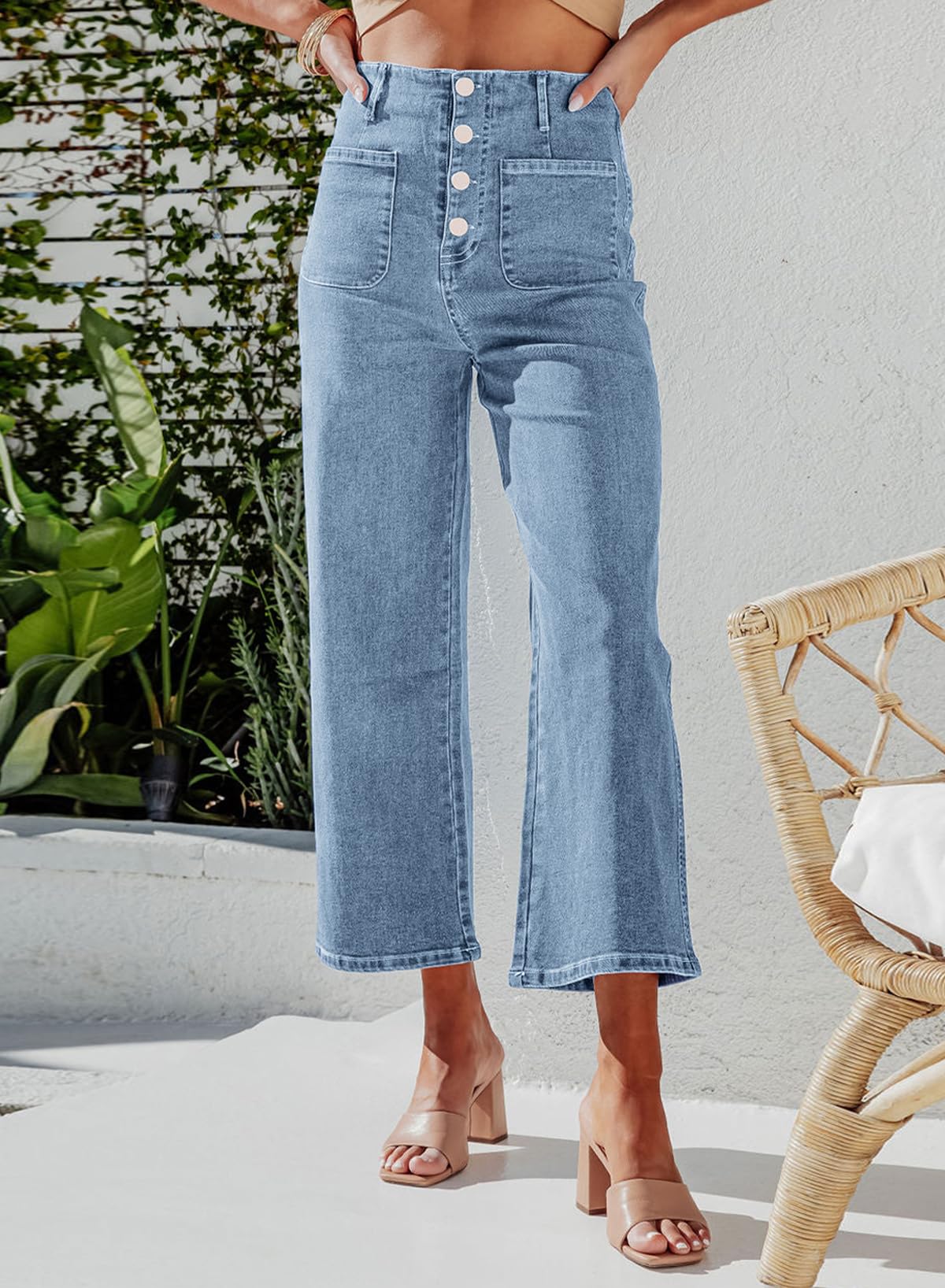 Waisted Button Fly Patch Pocket Cropped Wide Leg Jeans