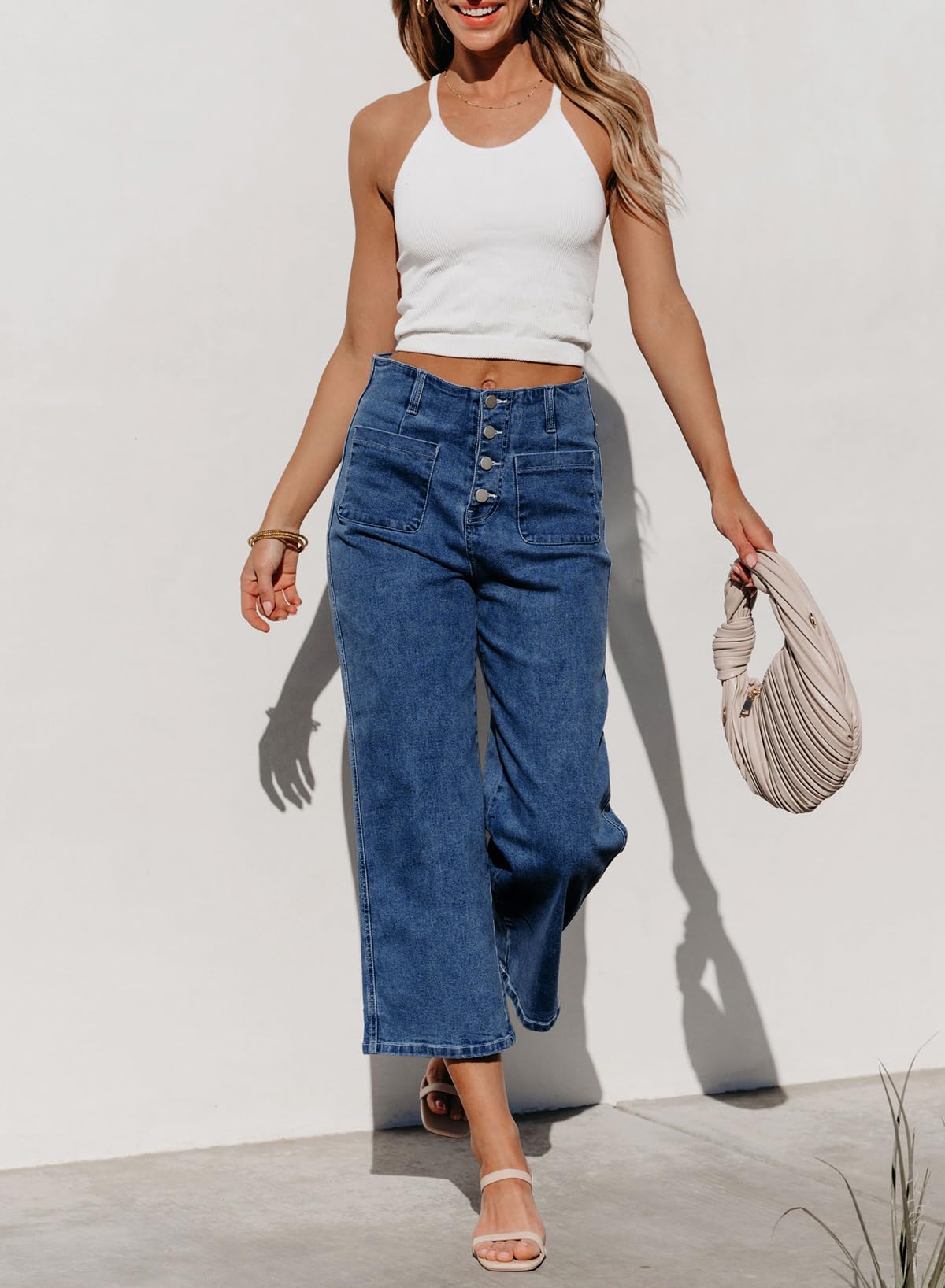 Patch Pocket Cropped Wide Leg Jeans