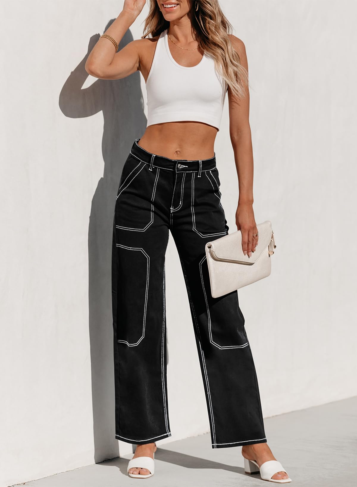 Contrast Stitch High Waisted Wide Leg Jeans